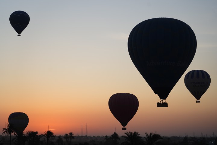 Hot-air balloons silhouetted against an orange dawn sky